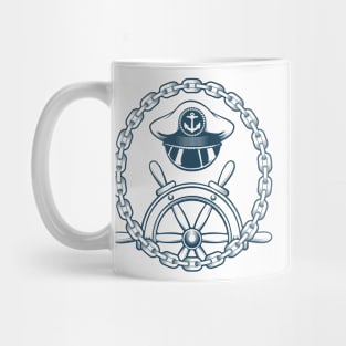 Nautical Emblem with Captain Hat and Navigation Wheel. Mug